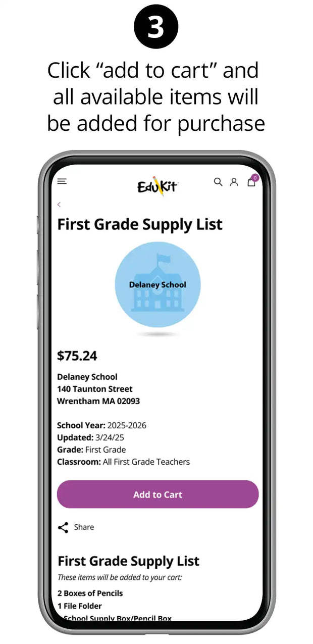 A mobile app interface displaying a school supply list for purchase.