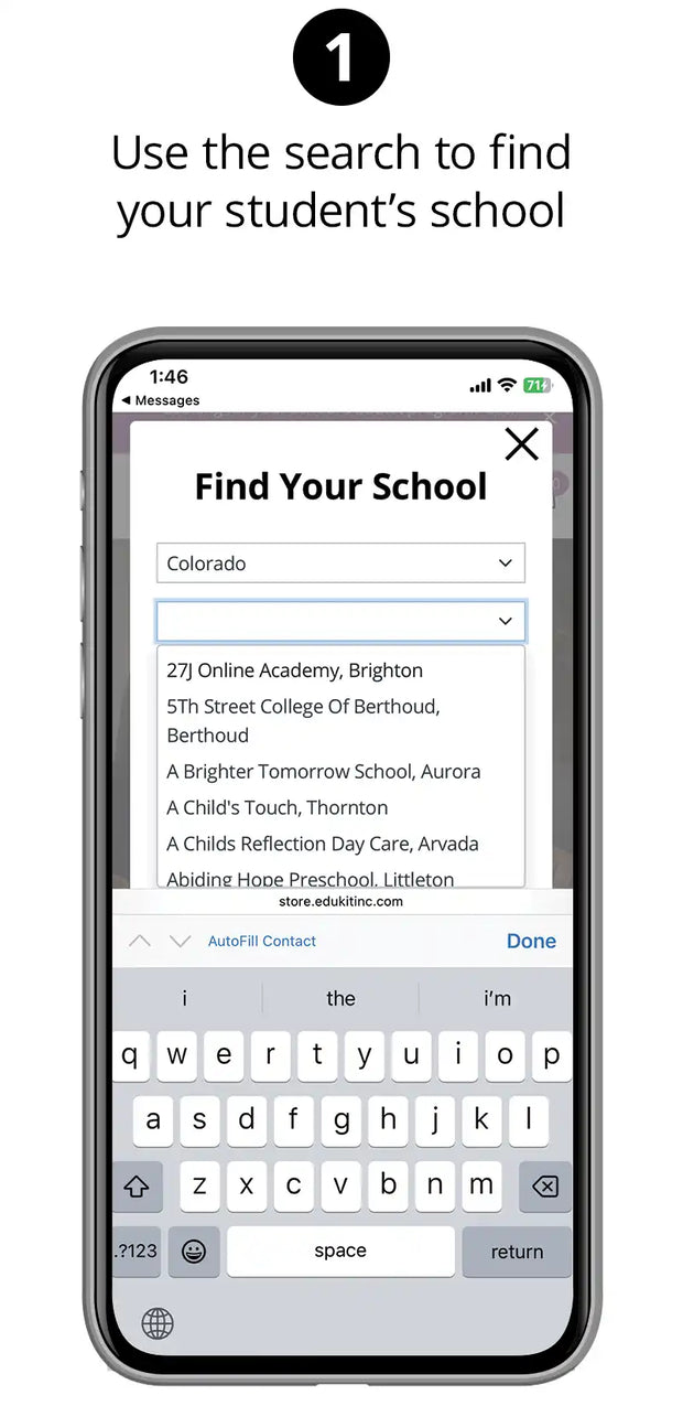 A smartphone displaying a school search interface.