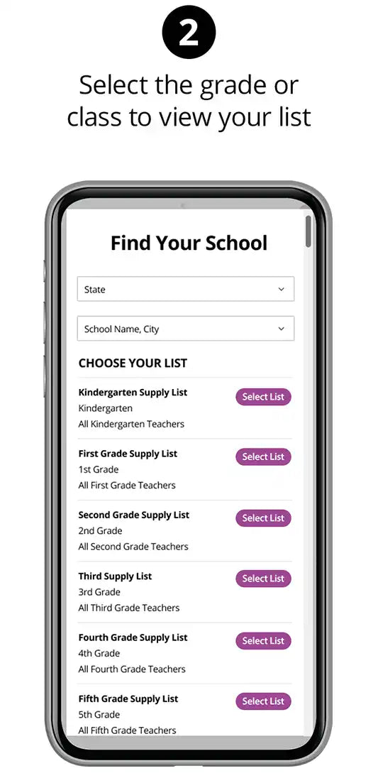 Smartphone displaying a school supply list selection screen.